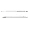 A set of white metal pens, featuring a sleek design with chrome accents and one with textured grip.
