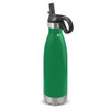 A drink bottle in vibrant green with a stainless steel base and a flip lid feature. It has a logo on the side.