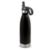 A drink bottle with a sleek black design, featuring a flip lid and a stainless steel base.