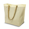 A large market tote bag in beige with yellow trim and sturdy brown handles. It features a logo.