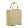 A beige jute tote bag with two sturdy handles and branding visible on one side.