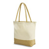 A beige tote bag with a natural hessian bottom and two sturdy handles. It has a branded logo on one side.