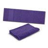 A purple sports towel with a flat section and a folded version, featuring a logo on the edge.