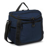 A dark navy cooler bag with a zippered top and two front pockets, featuring a shoulder strap and handle.