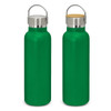 A drink bottle in vibrant green with a stainless steel lid and wooden accent, featuring a logo.