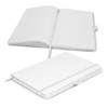 A white notebook with lined pages, featuring a ribbon marker and a cover with an embossed logo.