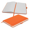 An orange notebook with a flexible cover, featuring blank lined pages and a ribbon bookmark.