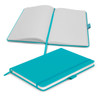 A turquoise notebook with a soft cover, featuring lined pages and a matching ribbon bookmark.