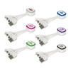 A set of six white Zodiac charging cables with various coloured connectors and logos. Each cable features multiple charging heads.