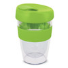 A drink bottle featuring a transparent body with a green lid and band, holding 330ml.