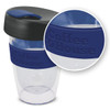 A drink bottle featuring a transparent body, black lid, and navy blue silicone band with a logo. Holds 330ml.