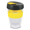 A drink bottle with a transparent body, black lid, and a yellow silicone band around the middle.