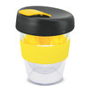 A drink bottle featuring a transparent body, black lid, and yellow band. It includes a cap with a stirrer.