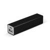 A rectangular black power bank with two USB ports on one end, featuring a sleek, minimalist design.