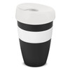 A drink bottle in black and white, featuring a sleek design and a lid with a logo. Capacity is 480ml.