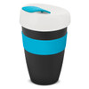 A drink bottle featuring a black body with a blue band and a white lid, equipped with a spill-proof cap.