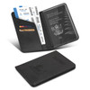 A black passport wallet featuring card slots and an inner pocket for documents, with a logo on the front.