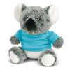 A grey plush koala toy wearing a blue shirt, featuring soft fur and a round face with big eyes.
