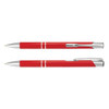 A metal pen in bright red with silver accents, featuring a logo on its body.