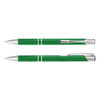 A green metal pen with silver accents, featuring a sleek design and a logo on its surface.