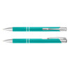 A metal pen in teal with silver accents, featuring a logo on the barrel.