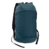 A compact backpack in a teal colour with black straps and a zippered front pocket. It features a logo.