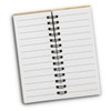 An open notebook with blank pages and a spiral binding, featuring a wooden cover.