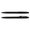 A set of black metal pens featuring a sleek design and a clip. One pen is capped while the other is open.