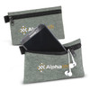 A grey tech pouch with a zipper, holding a smartphone and earphones, featuring a logo on the front.