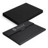 A black portfolio featuring a flap closure and an embossed logo, suitable for office and business use.
