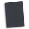 A hard cover notebook in dark grey with a smooth finish and a logo on the front.