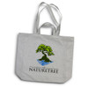 A grey tote bag with two handles featuring a tree and water design, along with a logo.