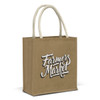 A jute tote bag in tan with cream handles and a logo design. Suitable for shopping or carrying items.