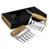 Two metal meat shredding claws with wooden handles, packaged in a sleek black box featuring a logo.