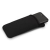 A black phone pouch with a phone partially inserted, featuring a simple design and a logo.