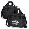 A black cooler bag with a shoulder strap and a front logo, featuring a zippered top and spacious interior.