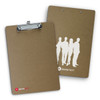 A brown clipboard with a silver clip, featuring a silhouette design on one side and a logo.