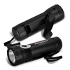 A black rechargeable torch with a wrist strap and a logo. The design includes a flashlight at one end.