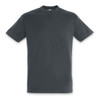 A dark grey adult T-shirt with short sleeves and a crew neckline. It features a logo on the label.
