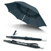 A dark teal umbrella with a silver handle, featuring a branding logo and a compact design for storage.