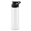 A drink bottle in white with a black snap cap and a handle, featuring a logo.