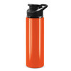 A drink bottle in bright orange with a black snap cap lid and a sleek design. Features a logo on the side.