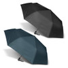 A black and green umbrella set, featuring a sleek design with handles and a logo on the fabric.