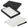 A white Moleskine notebook and black pen in a black gift box, featuring a sleek design.