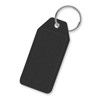 A black key ring in the shape of a tag with a blank surface, suitable for customization.