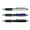 A collection of three metal pens in silver, blue, and black, each with a textured grip and chrome accents.