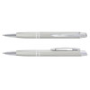 A silver metal pen with a textured grip and chrome accents, featuring a logo.