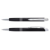 A pair of sleek black metal pens with chrome accents, featuring a smooth design and a contoured grip.