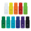 A collection of multi-coloured flash drives in white, red, orange, green, blue, teal, and purple, featuring a circular button.