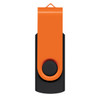 A flash drive featuring an orange and black design, with a swivel cover and circular button.